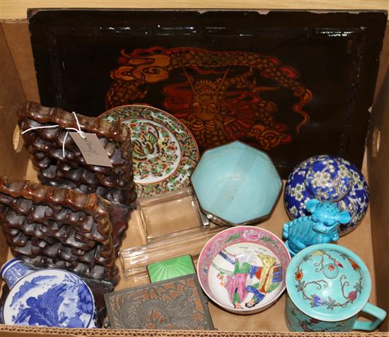 A pair of chinese carved hardwood stands and mixed Chinese ceramics etc